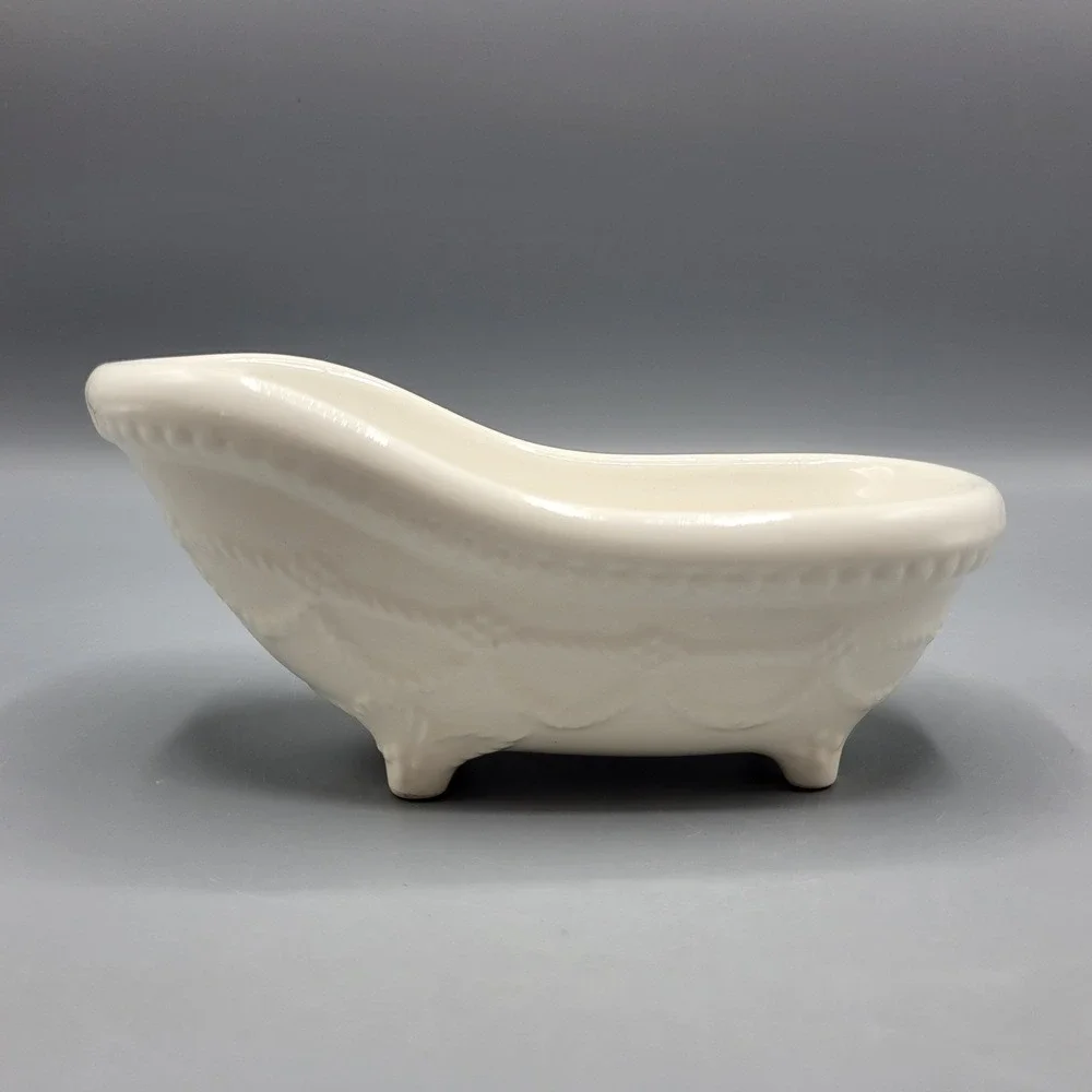 Vintage CCP NY Miniature Bathtub Soap Dish White Ceramic Embossed Made in Japan